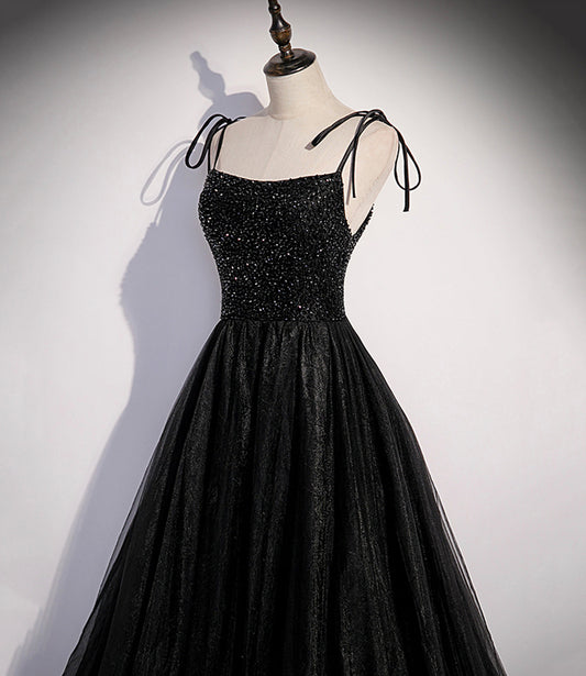 Black tulle beads long prom dress A line evening dress  10500