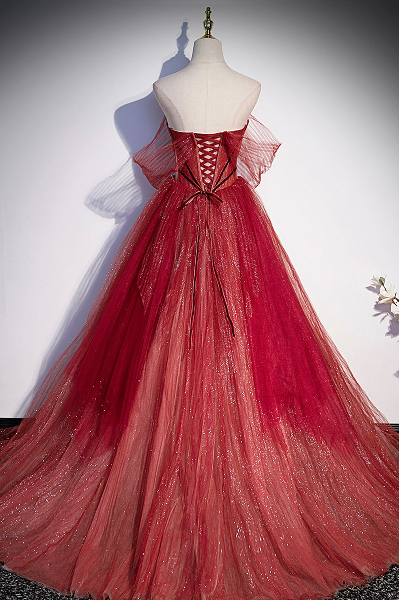 Burgundy tulle sequins long prom dress A line evening gown  10632