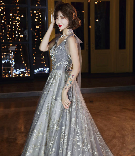 Gray tulle sequins long prom dress A line evening gown  10436