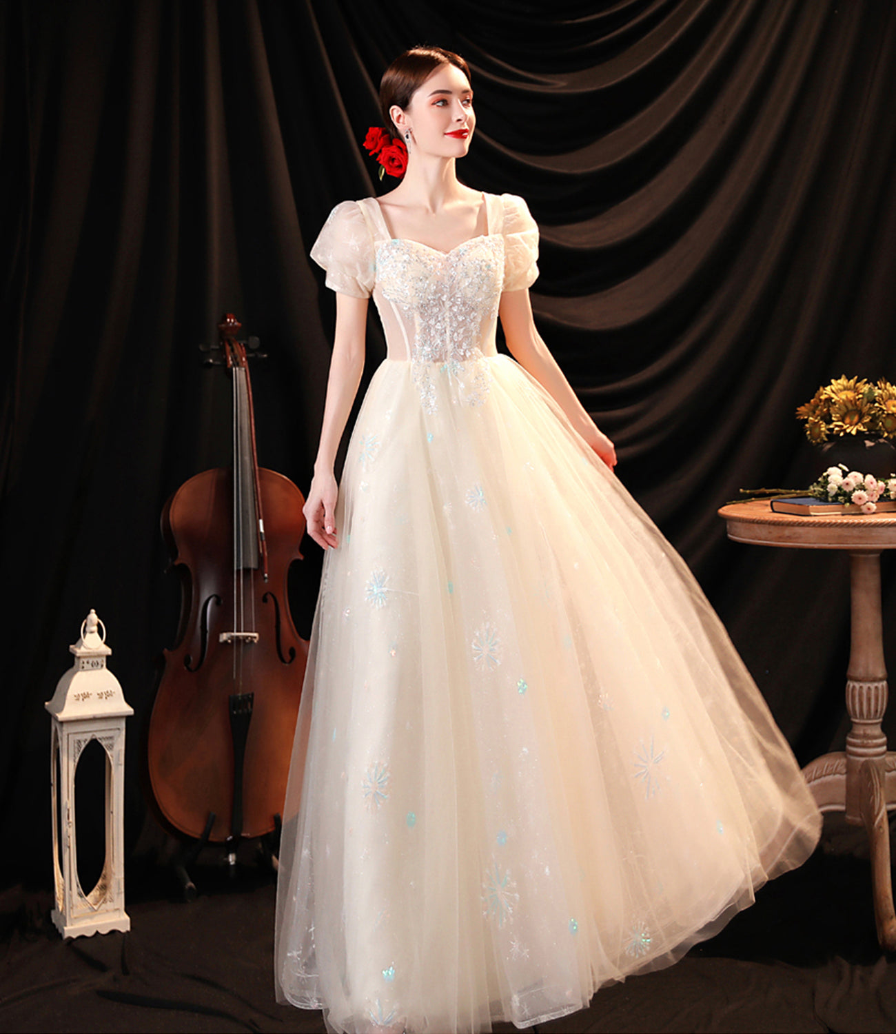 Champagne tulle sequins long prom dress evening dress  10536