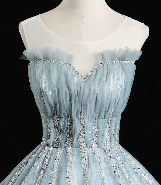 Blue tulle sequins long prom dress A line formal dress  10456
