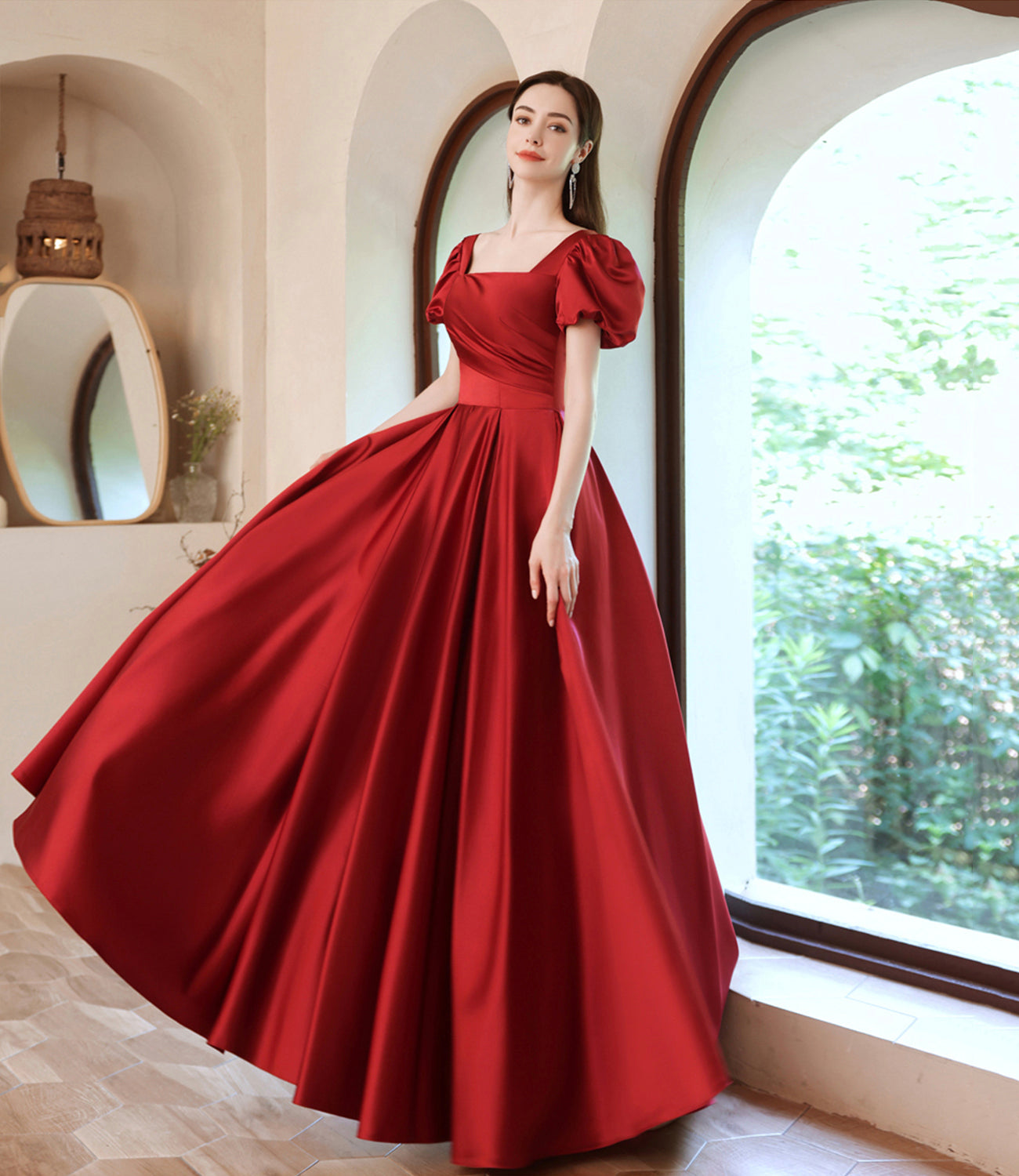 Red satin long A line prom dress red evening dress  10529