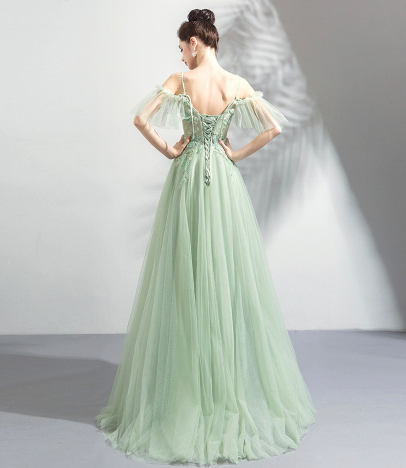 Green tulle lace long prom dress A line evening dress  10575