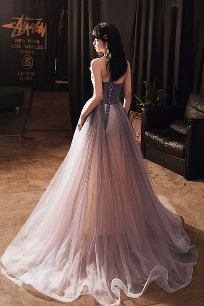 Purple tulle sequins long prom dress evening dress  10648