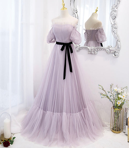 Purple tulle long prom dress A line evening dress  10446