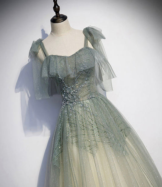 Green tulle sequins long prom dress evening gown  10474