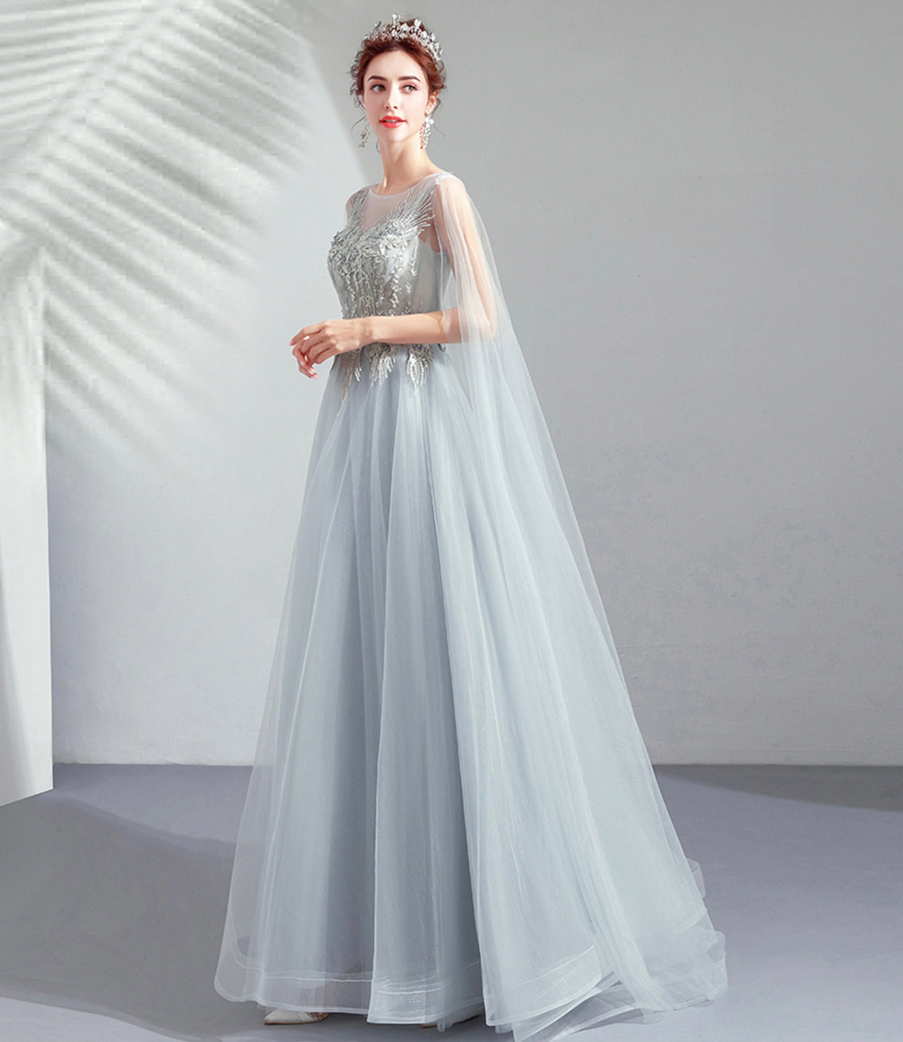 Gray tulle lace long prom dress A line evening dress  10509