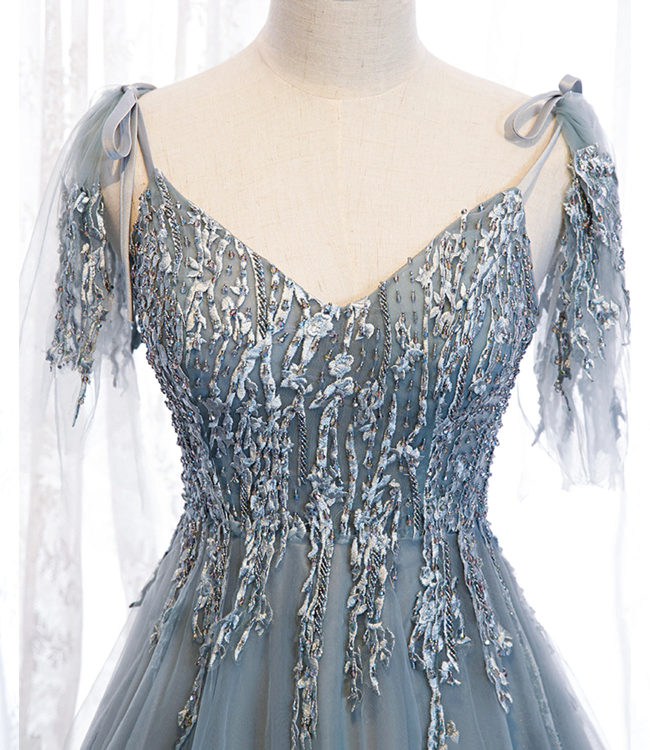 Blue tulle lace long prom dress blue evening dress  10356