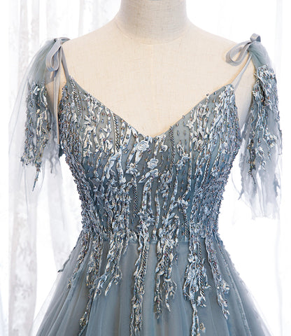 Blue tulle lace long prom dress blue evening dress  10356