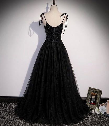 Black tulle beads long prom dress A line evening dress  10500
