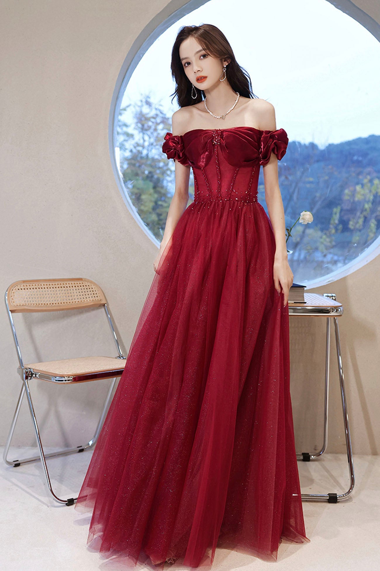 Burgundy tulle beads long prom dress evening dress  10584