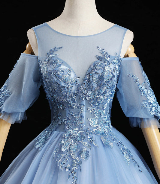Blue tulle lace long prom dress A line evening dress  10457