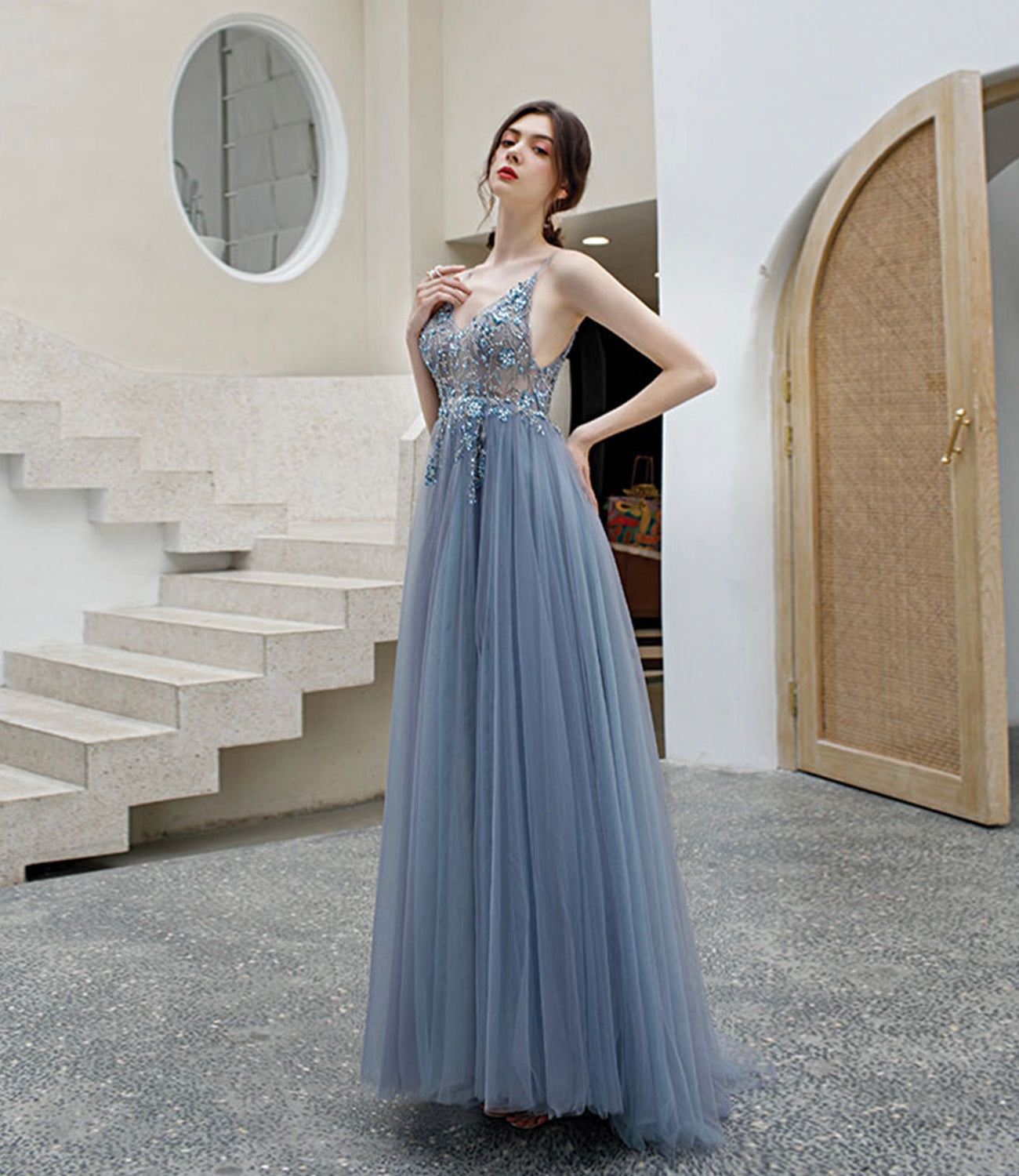 Gray tulle beads long prom dress A line evening dress  10579