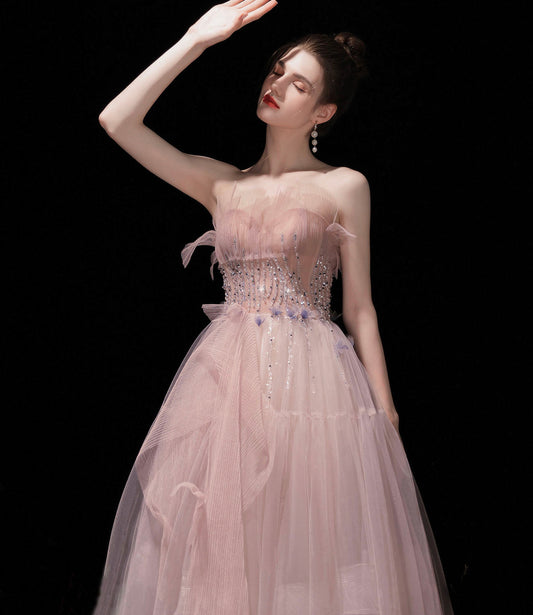 Pink tulle beads long prom dress A line evening dress  10429