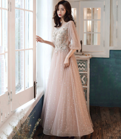 Cute tulle lace long prom dress A line evening dress  10554