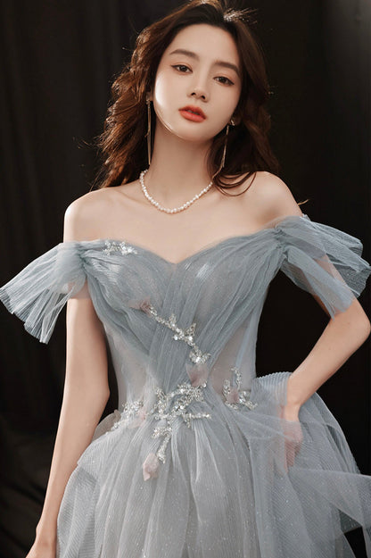 Gray tulle sequins long prom dress A line evening dress  10646