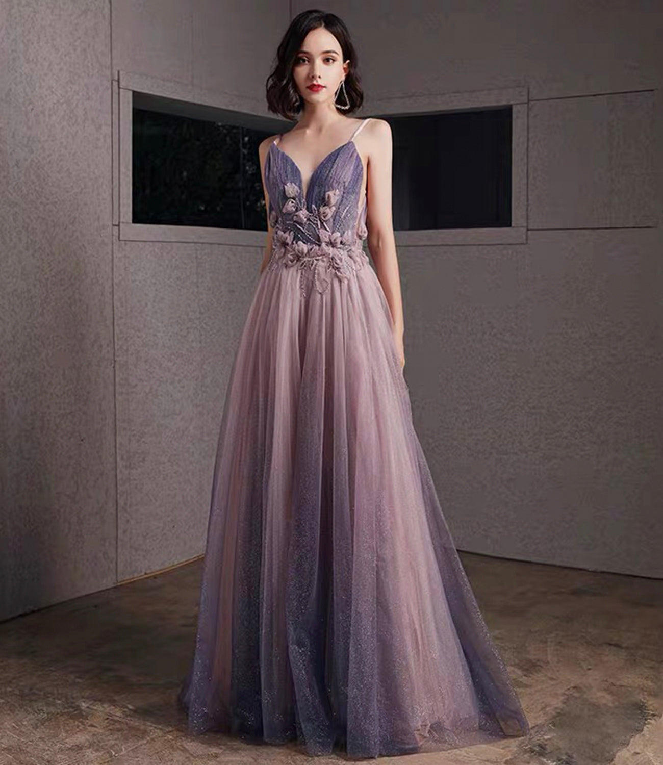 Purple tulle sequins long prom dress A line evening gown  10480