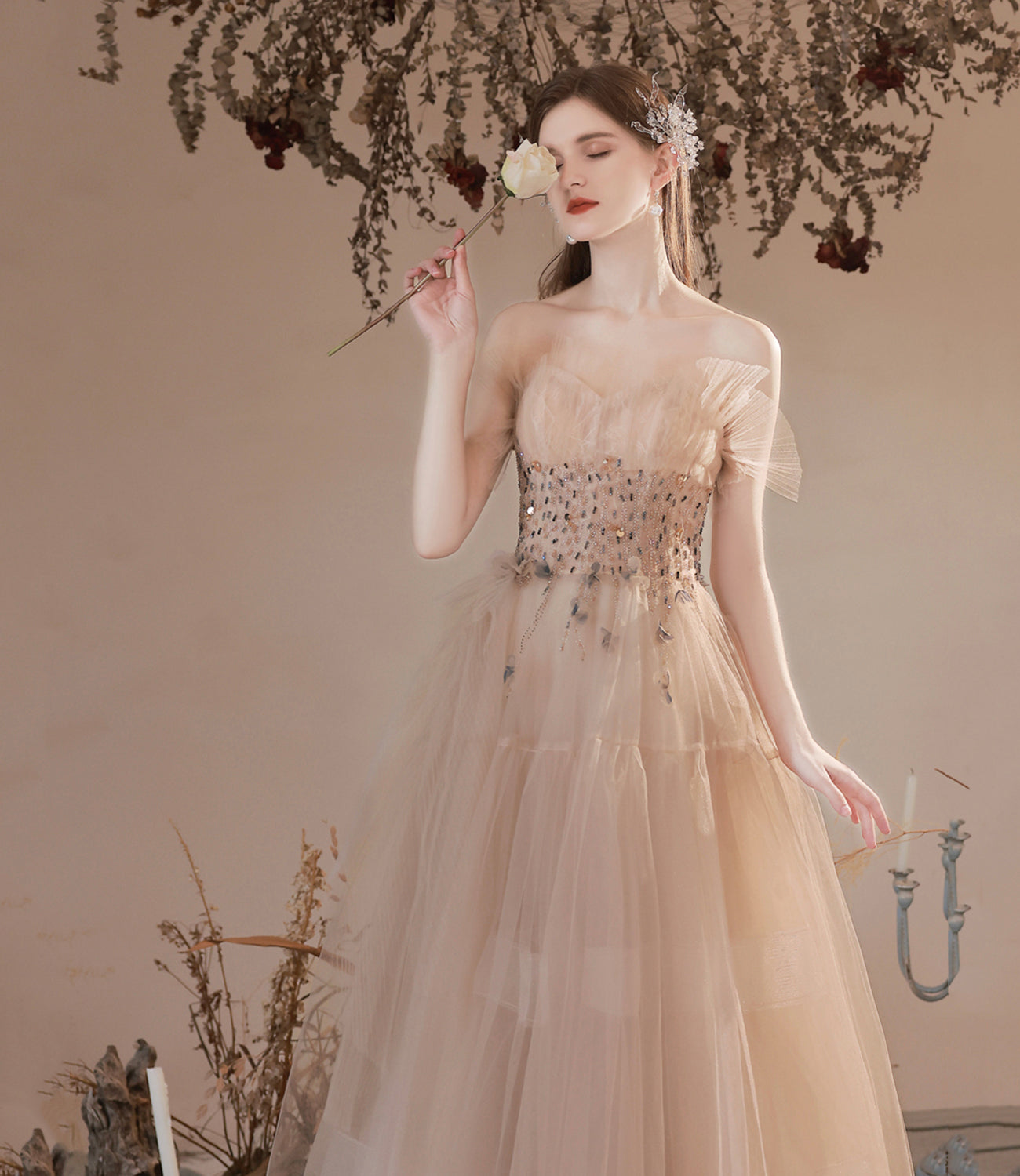 Cute tulle beads long prom dress A line evening dress  10396