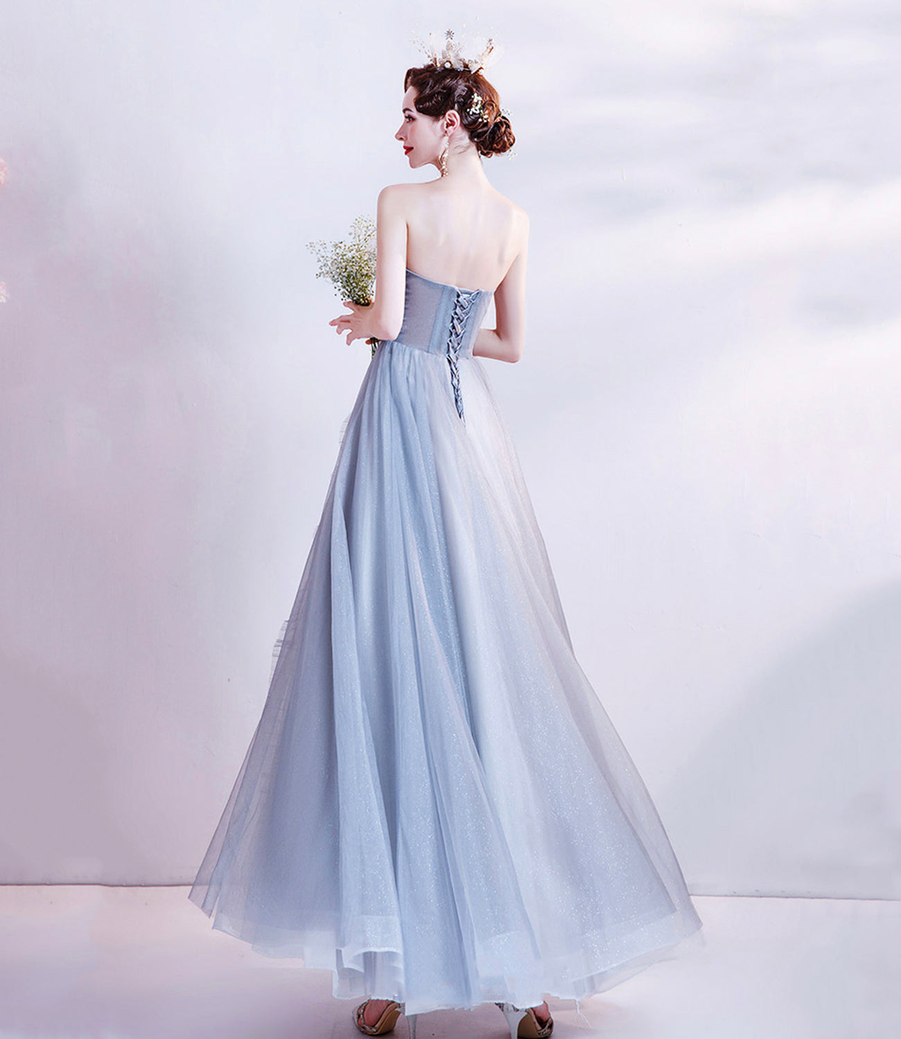 Cute tulle beads long prom dress A line evening dress  10511