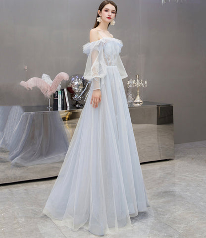 Cute tulle lace long prom dress A line evening dress  10476