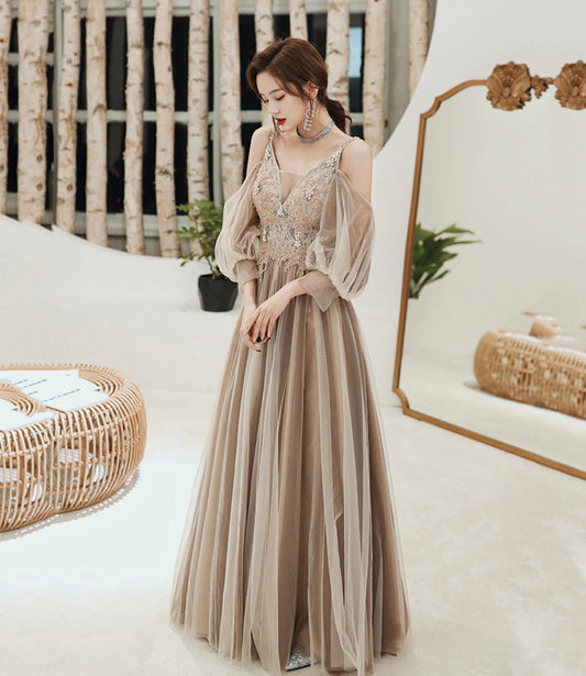 Cute tulle lace long prom dress A line evening dress  10449