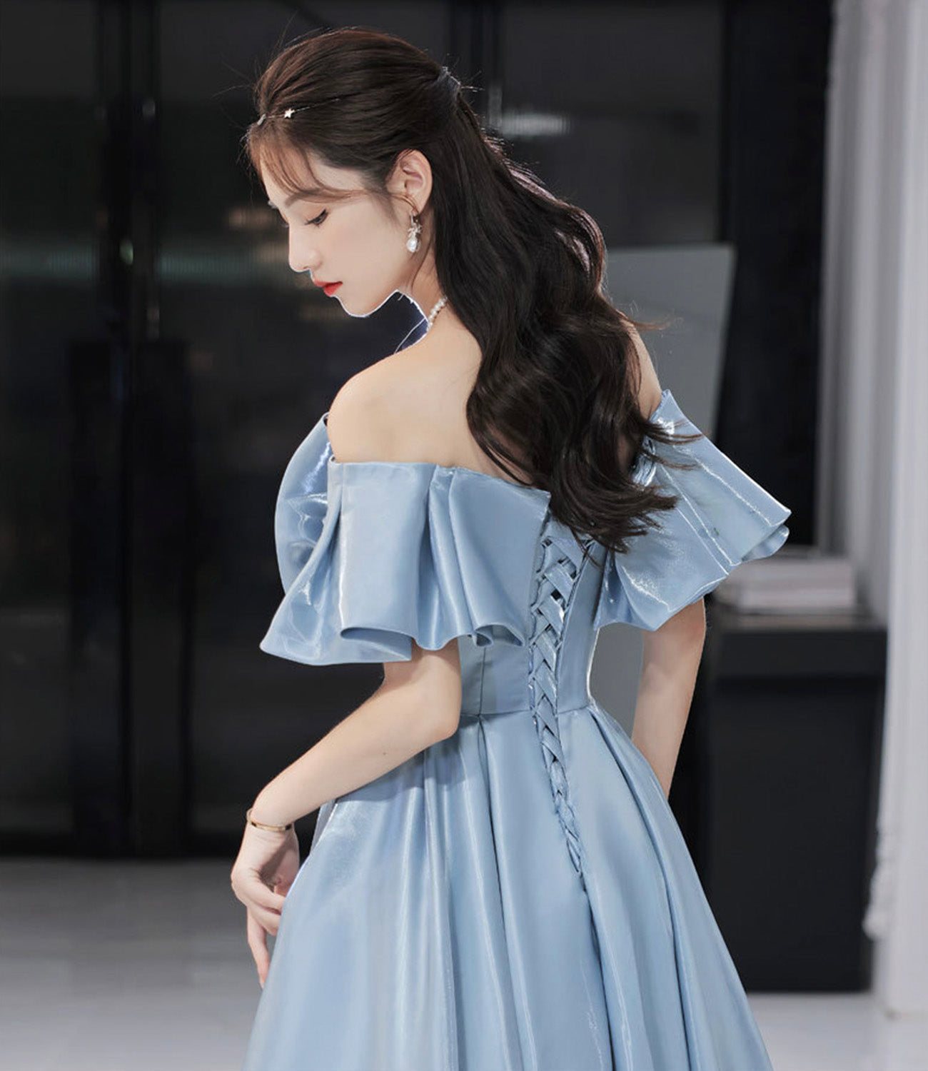 Blue satin long prom dress A line evening dress  10581