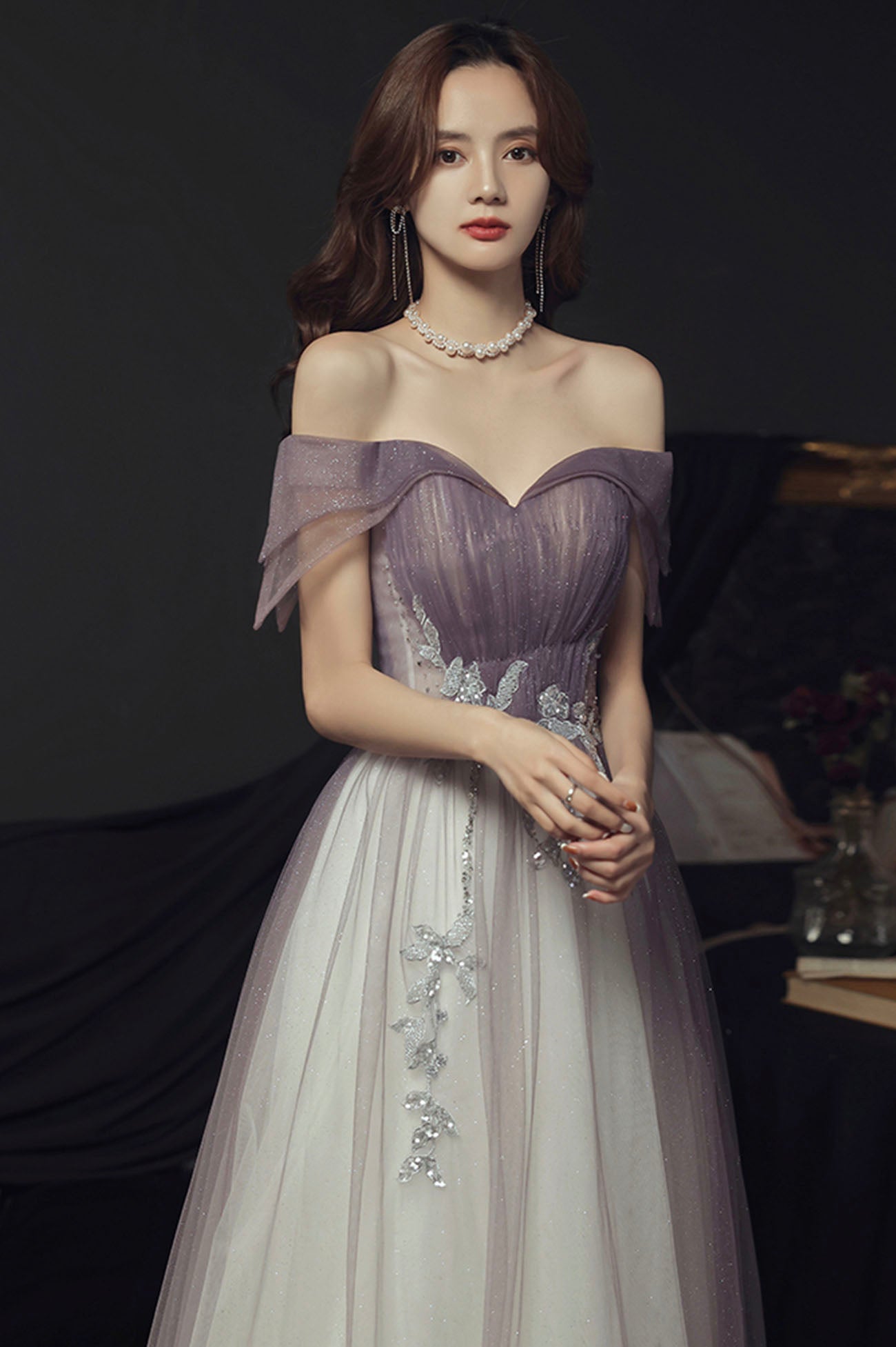 Purple tulle sequins long prom dress A line evening dress  10644