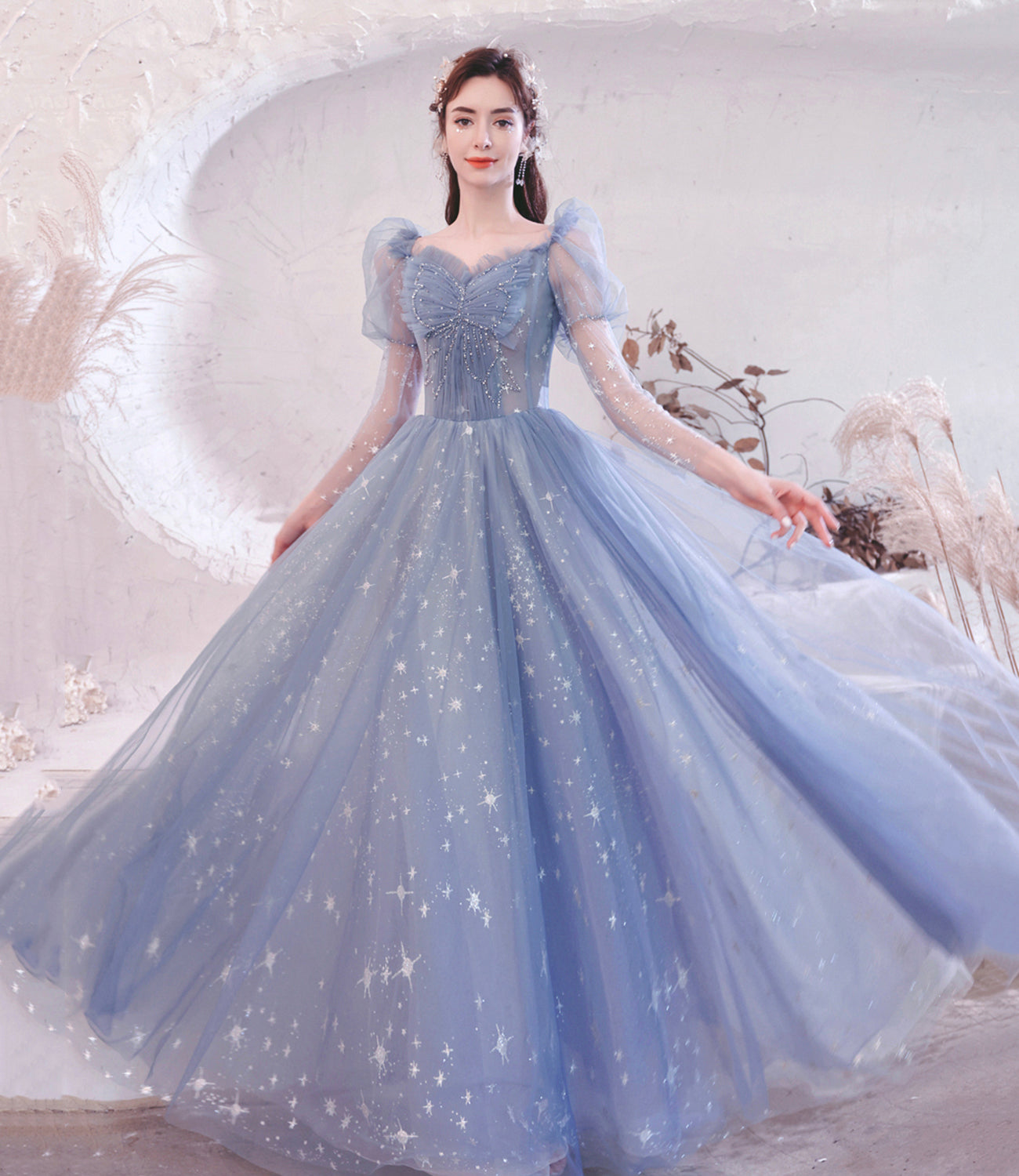 Blue tulle long A line prom dress blue evening dress  10530