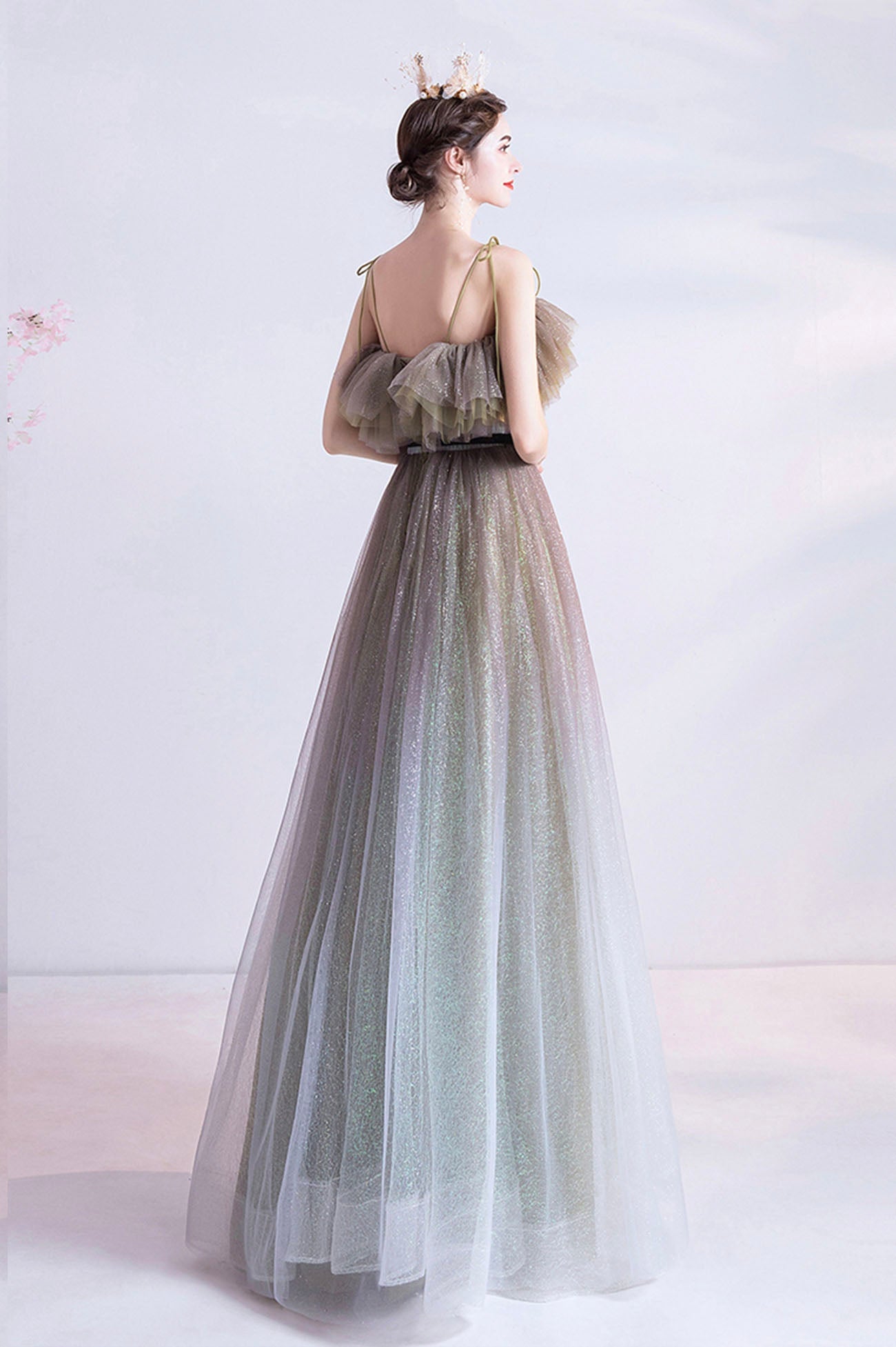 Gray green tulle sequins long prom dress evening dress  10616