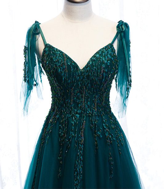 Green gorgeous exquisite beaded lace A-line long tulle ball gown evening dress 10357