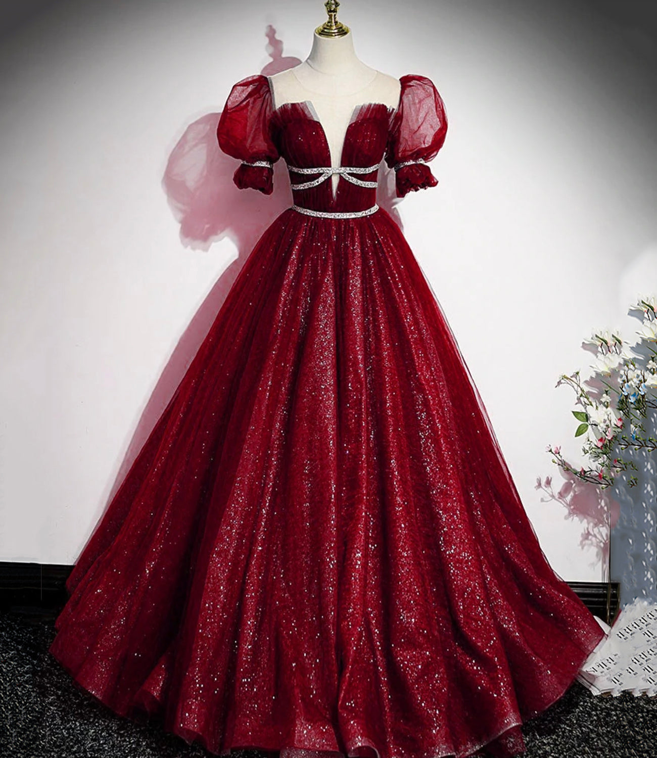 Shiny tulle sequins long prom dress A line evening gown  10380