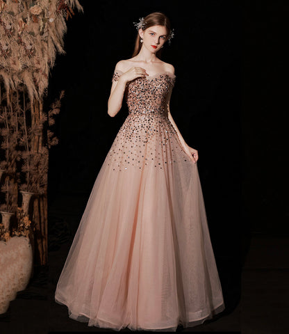 Shiny tulle sequins long prom dress A line evening gown  10415