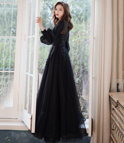 Black tulle lace long prom dress A line evening dress  10460