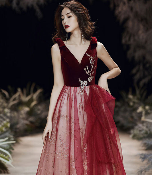 Burgundy velvet long prom dress A line evening gown  10495