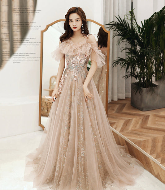 Champagne tulle sequins long prom dress evening dress  10390