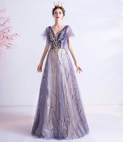 Purple tulle sequins long prom dress A line evening dress  10510