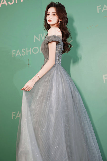 Gray tulle beads long prom dress gray evening dress  10521