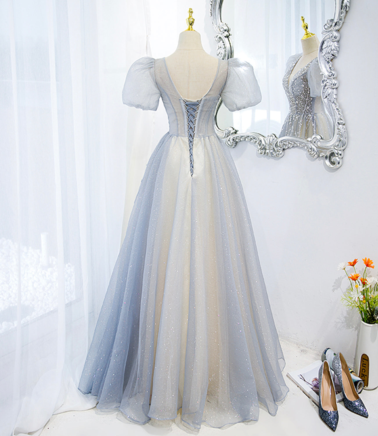 Gray tulle beads long prom dress A line evening gown  10488