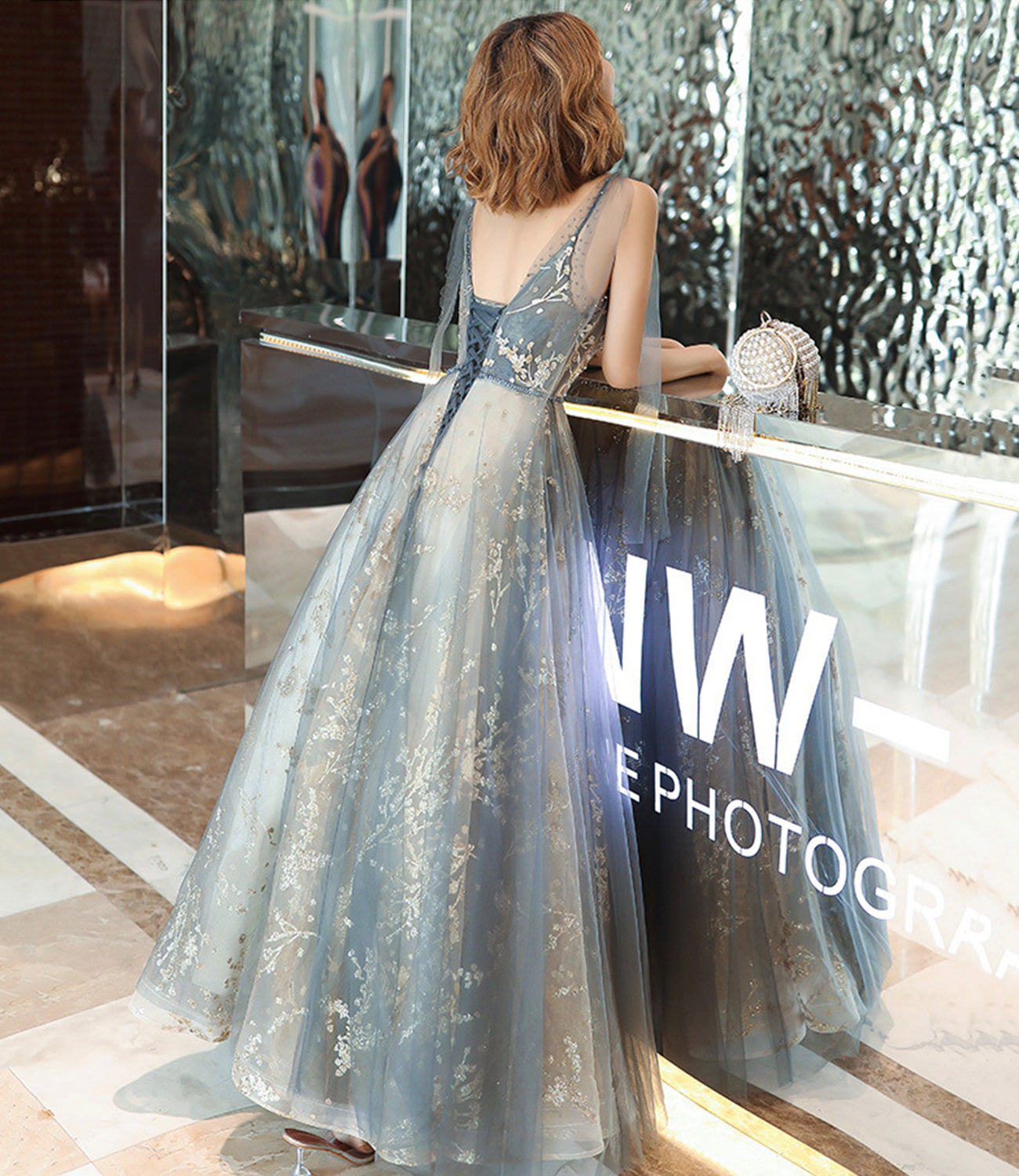 Gray tulle sequins long prom dress A line evening gown  10492