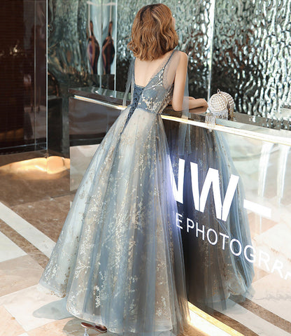 Gray tulle sequins long prom dress A line evening gown  10492