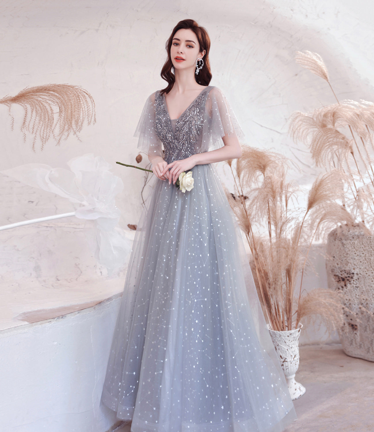 Gray tulle sequins long prom dress A line evening dress  10528