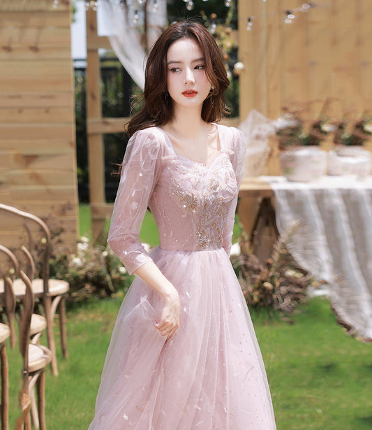 Pink tulle sequins long prom dress evening dress  10362