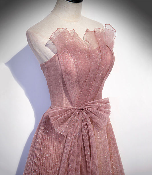 Pink tulle sequins long prom dress A line evening dress  10420