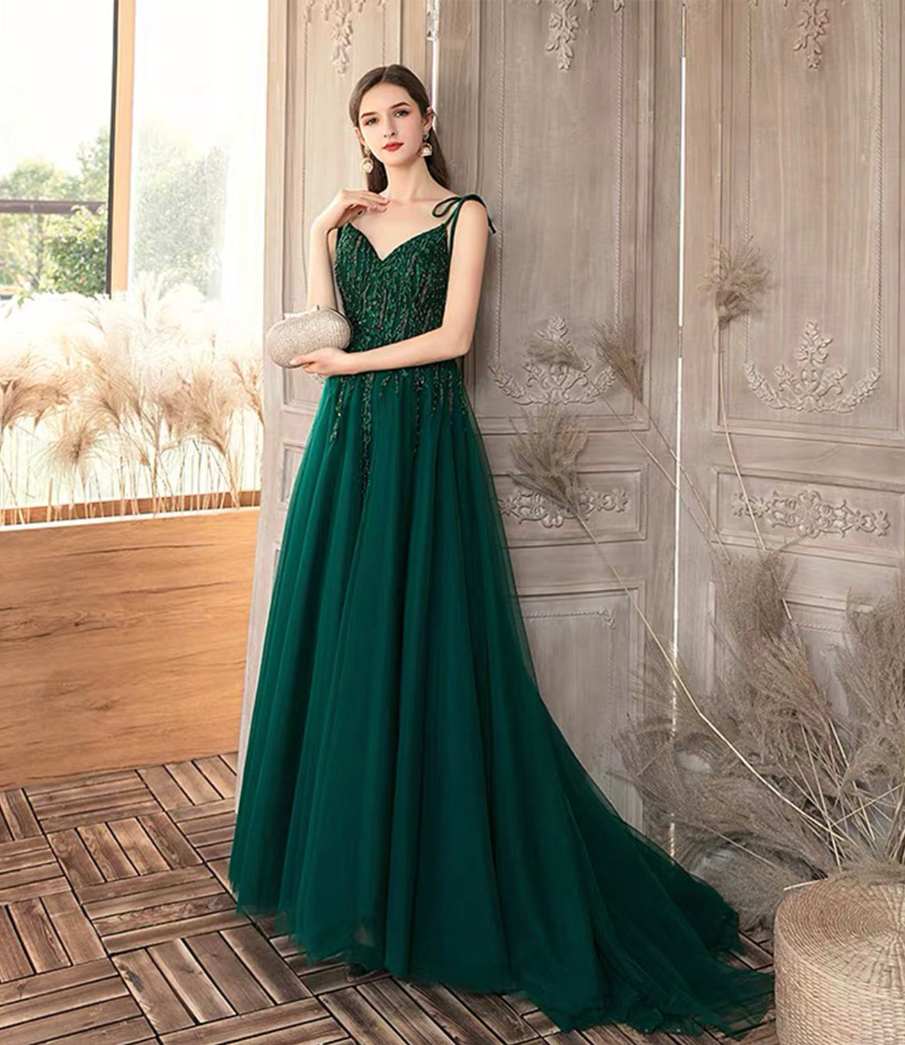 Green tulle lace long prom dress A line evening dress  10366