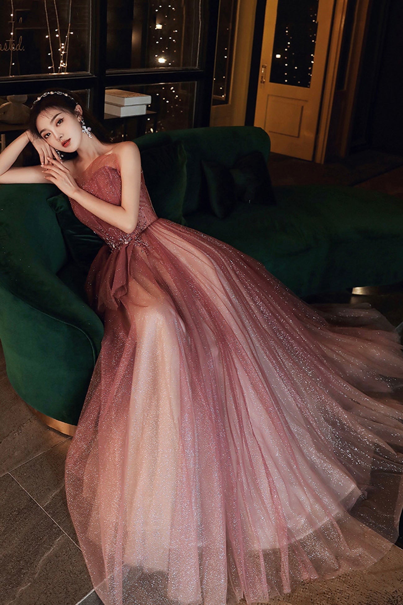 Burgundy tulle sequins long prom dress A line evening dress  10626