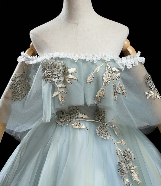 Green tulle lace long prom dress A line formal dress  10459