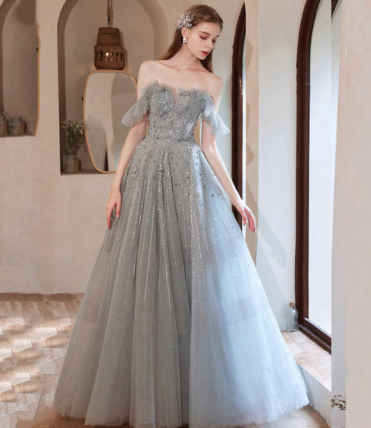 Gray tulle beads long prom dress A line evening dress  10425