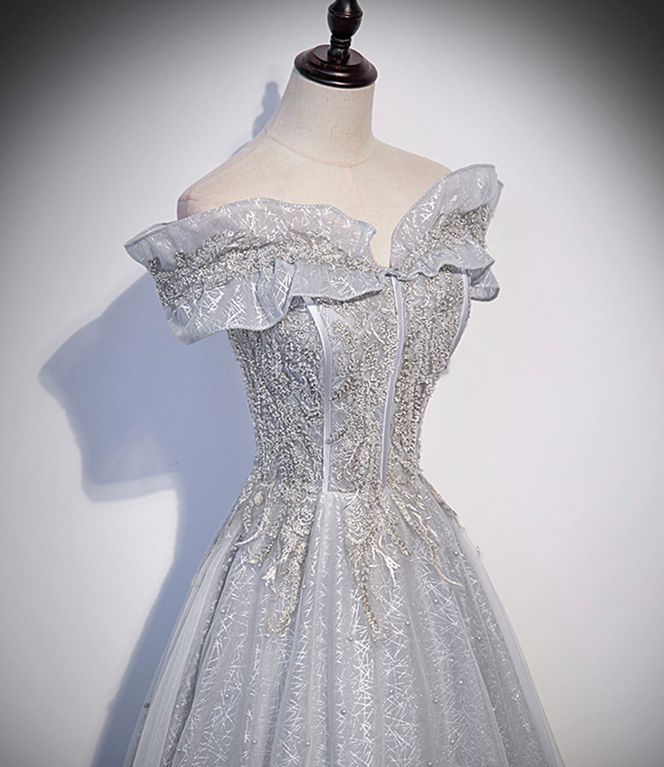 Gray tulle lace long prom dress A line evening gown  10406