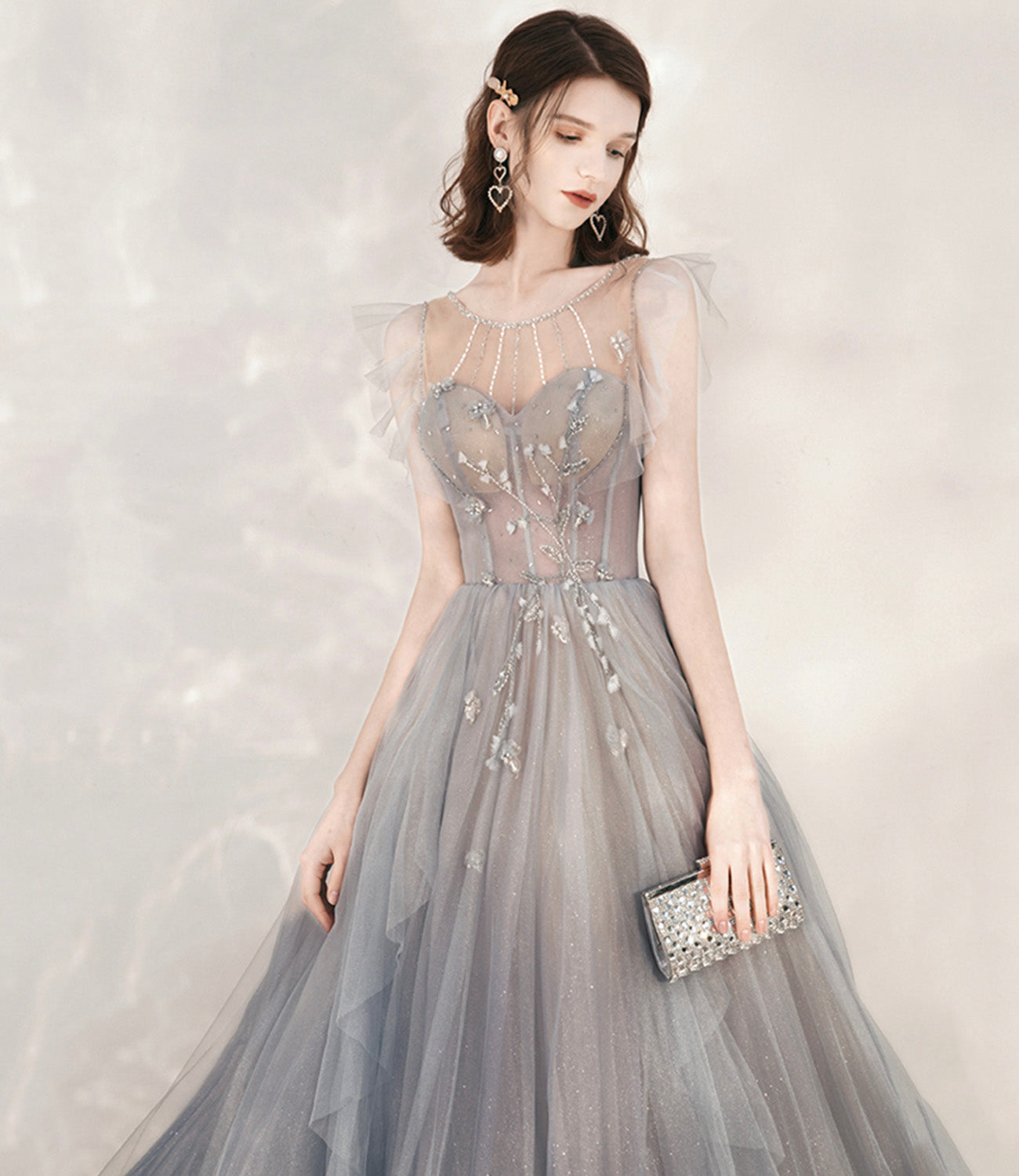 Cute tulle beads long prom dress A line formal dress  10547