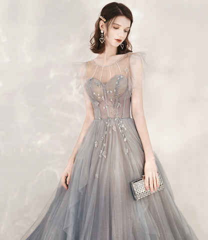 Cute tulle beads long prom dress A line formal dress  10547